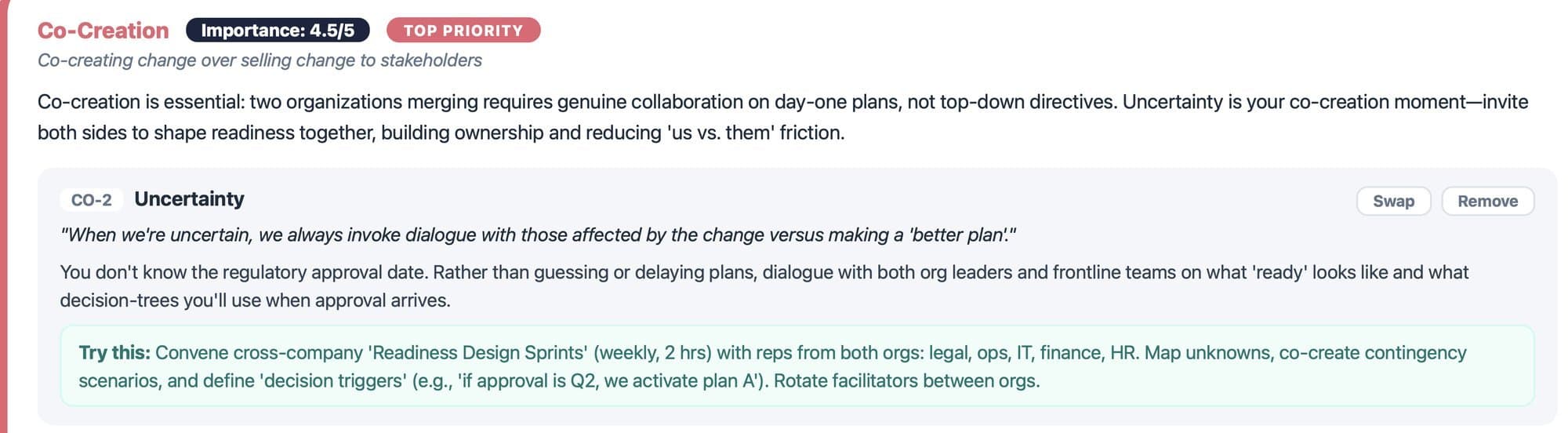 Tool output for Co-Creation, scored four and a half, with the Uncertainty prompt and a suggested action