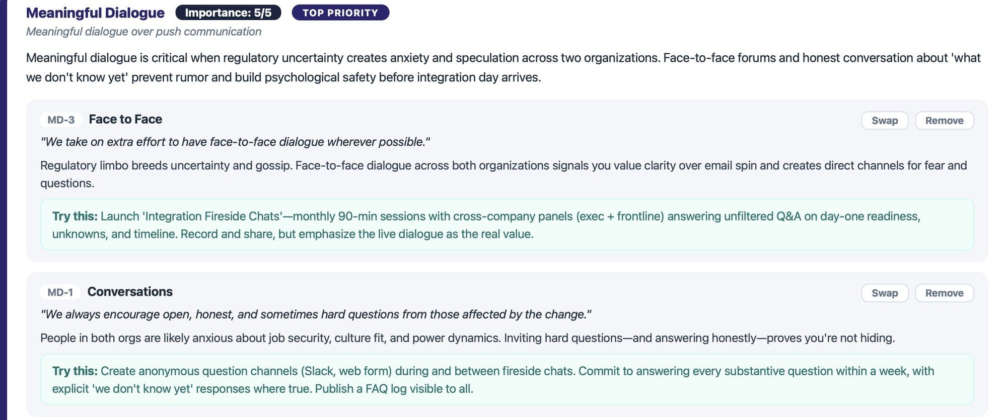 Tool output for Meaningful Dialogue, scored five out of five, with two prompts and a suggested action for each