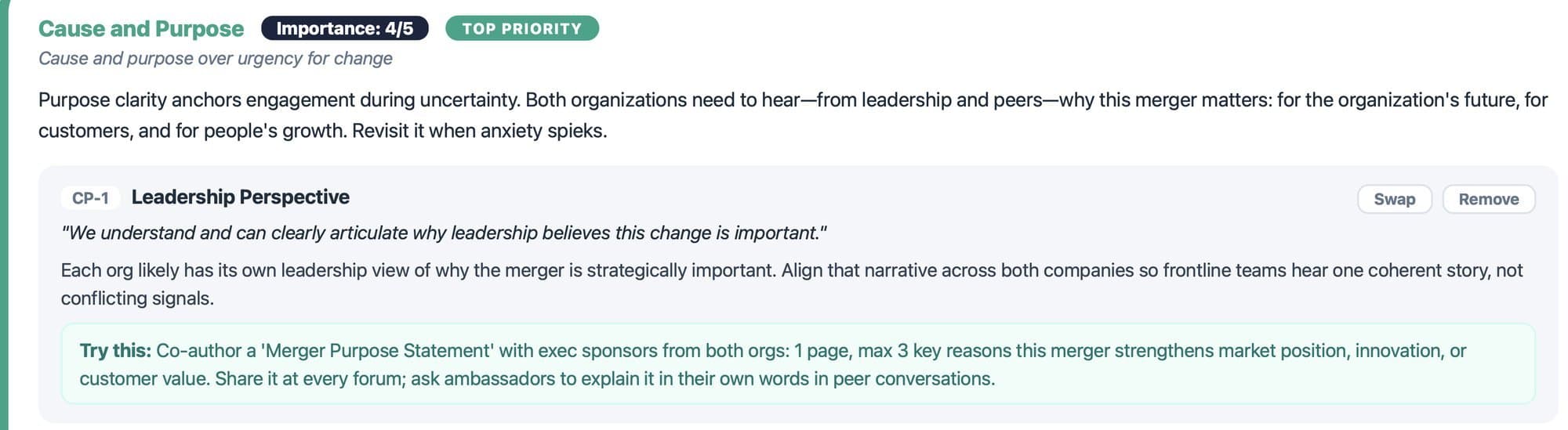 Tool output for Cause and Purpose, scored four, with the Leadership Perspective prompt and a suggested action